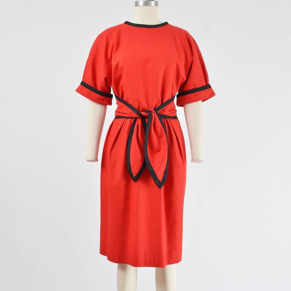 Vintage 80s Red and Black Linen Tie Front High Waisted Sheath Dress M